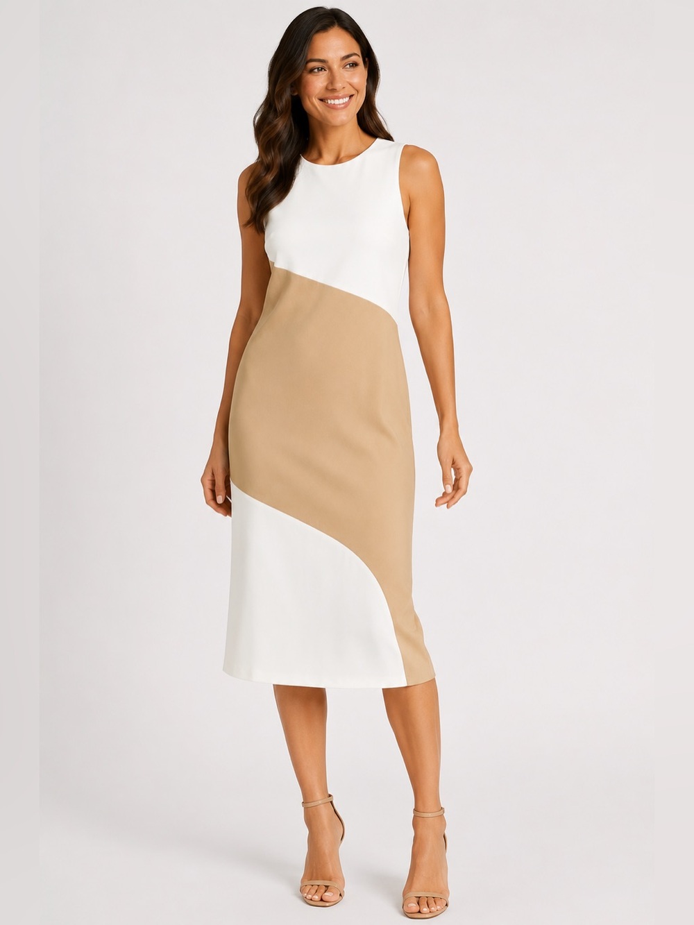 Donna Morgan Colorblock Sheath Dress Size 12 Ivory Beige Sleeveless Midi NWOT
